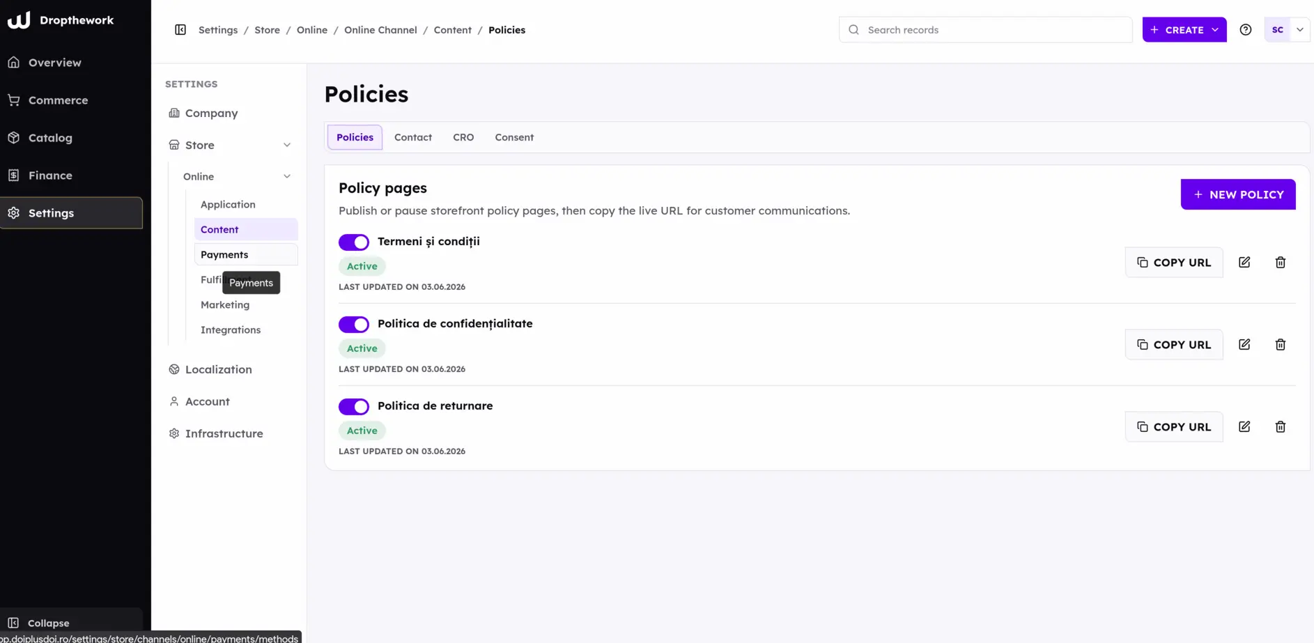Dropthework settings and policy controls.