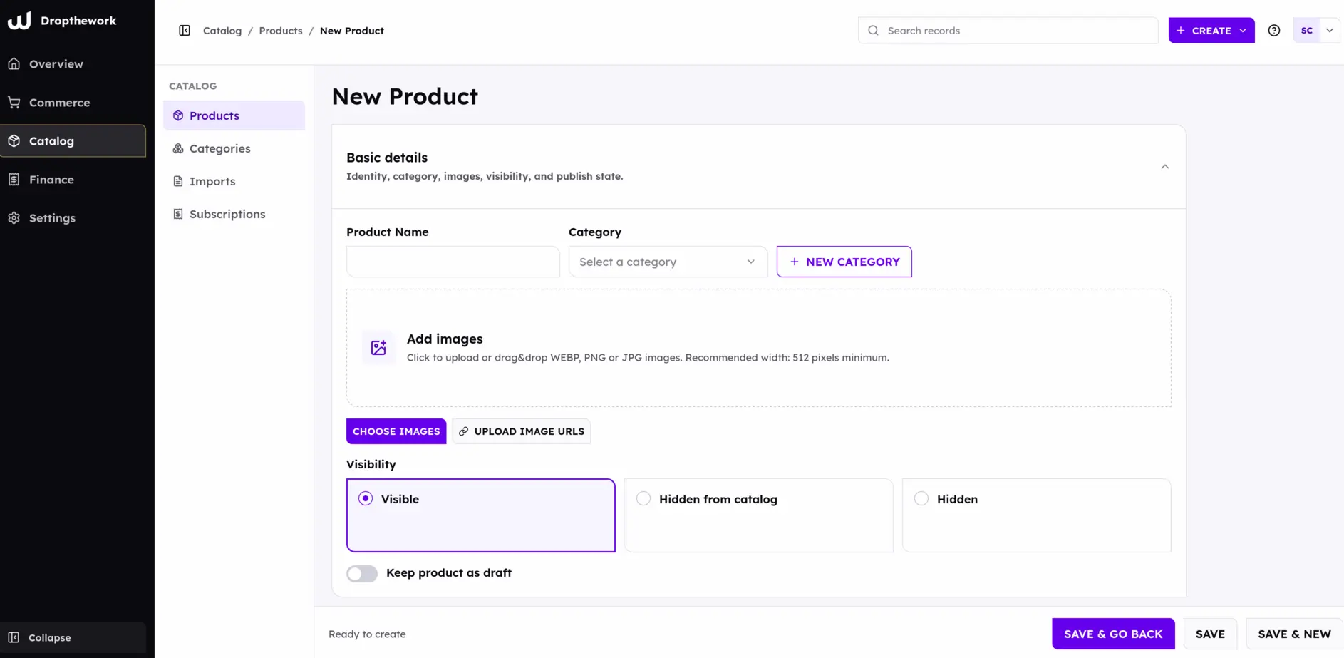 Dropthework product editor with catalog fields, category and visibility controls.