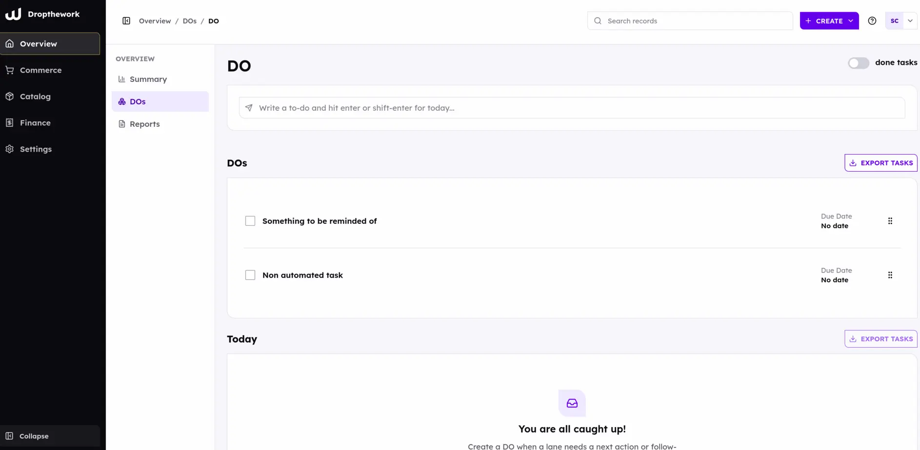 Dropthework task screen for operational follow-up work.